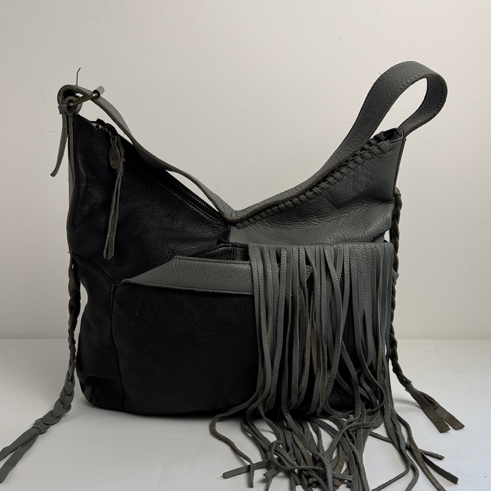 Camila Alves “MUXO “Black and Gray leather Fringe  shoulder bag